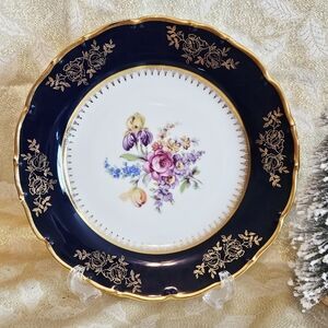 Vintage Czech Republic Dining Floral Plate Cobalt Blue Gold Rimmed 7.5"